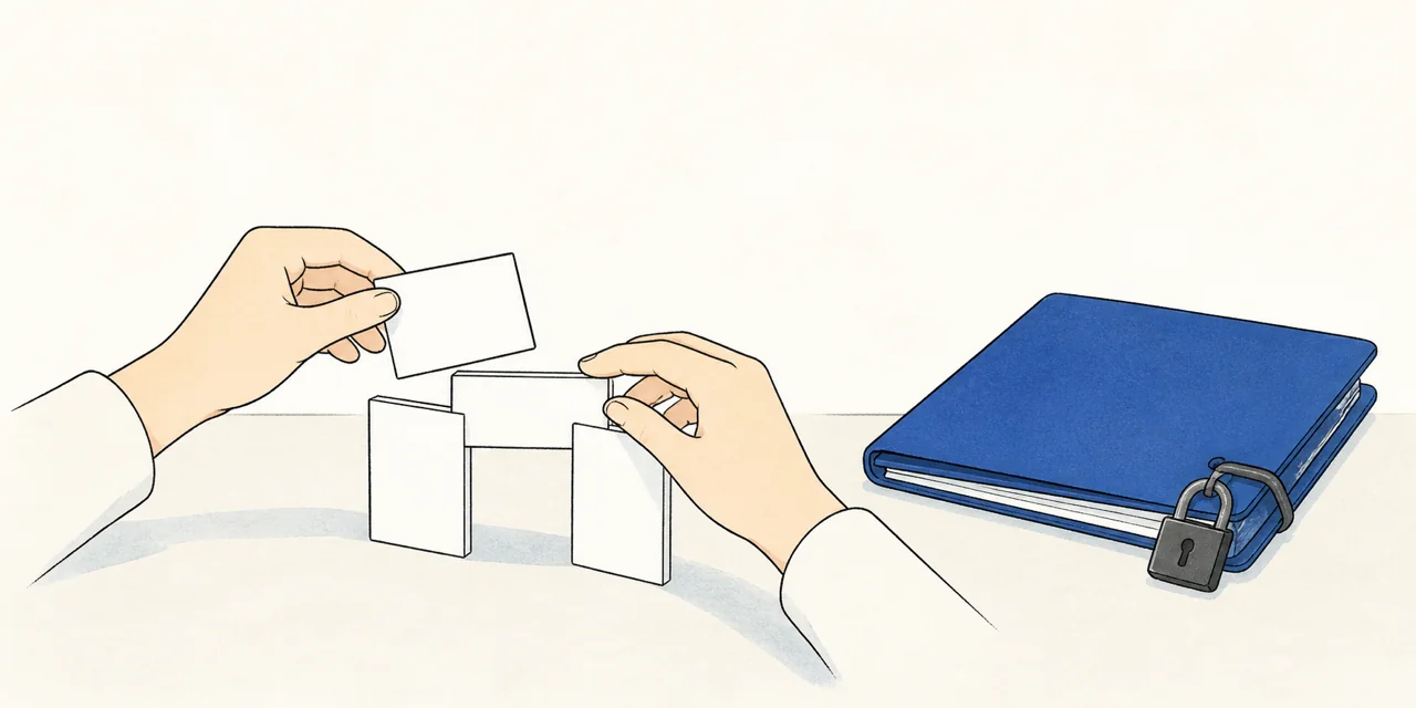 施錠された顧客ファイルを脇に置き、無地のカードで仕組みを組み立てているイラスト
