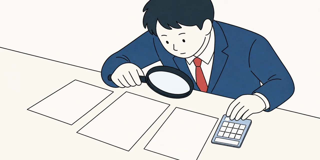 書類を虫めがねと電卓で確かめているイラスト