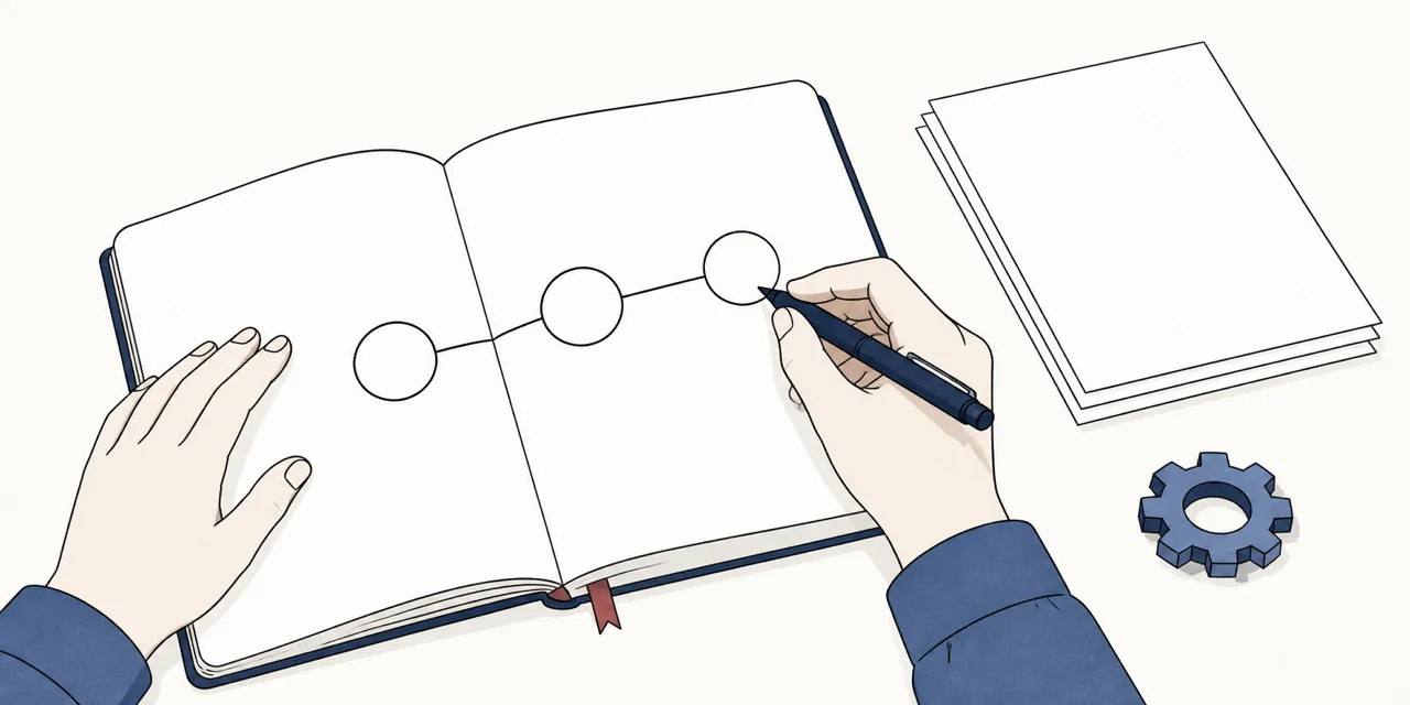 ノートに丸と線の手順図を書き残しているイラスト