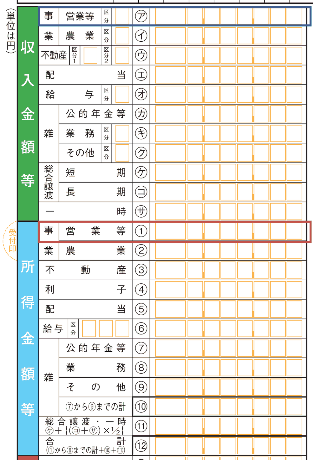 確定申告書第一表 収入金額等と所得金額等