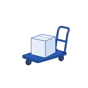 手押し台車に四角い箱が1つ載っている絵