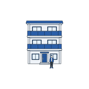 3階建ての集合住宅と小さな人影の絵