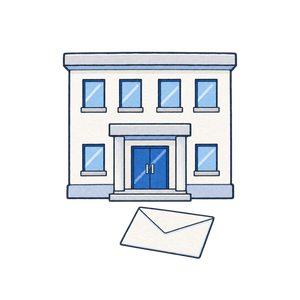 四角い建物とその前の封筒の絵